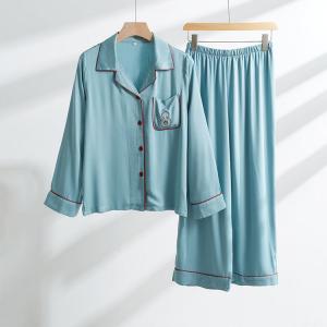 Gourd Embroidery Silk Blue Pajamas Shirt with Loose Wide Leg Pants