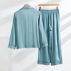 Gourd Embroidery Silk Blue Pajamas Shirt with Loose Wide Leg Pants