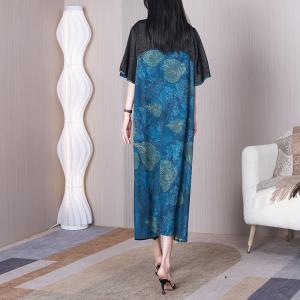 Leaf and Floral Pattered Dress Loose Silk Blue Dress