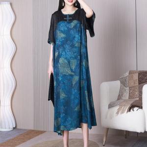 Leaf and Floral Pattered Dress Loose Silk Blue Dress