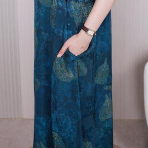 Leaf and Floral Pattered Dress Loose Silk Blue Dress