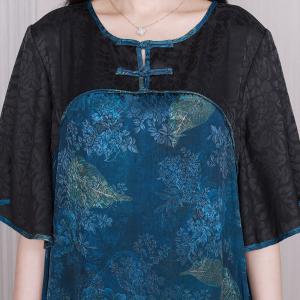 Leaf and Floral Pattered Dress Loose Silk Blue Dress