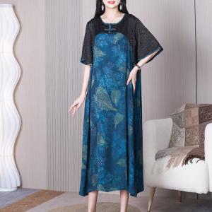 Leaf and Floral Pattered Dress Loose Silk Blue Dress