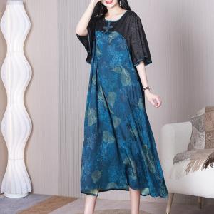 Leaf and Floral Pattered Dress Loose Silk Blue Dress