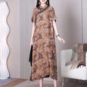 Chinese Painting Loose Modern Qipao Dress Short Sleeves Silk Cheongsam