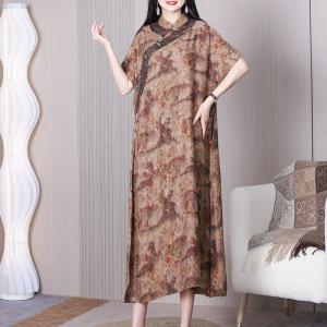 Chinese Painting Loose Modern Qipao Dress Short Sleeves Silk Cheongsam