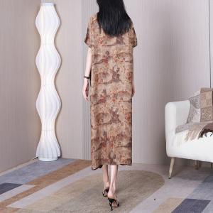 Chinese Painting Loose Modern Qipao Dress Short Sleeves Silk Cheongsam