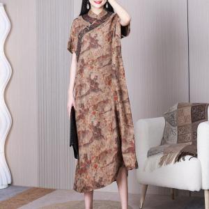 Chinese Painting Loose Modern Qipao Dress Short Sleeves Silk Cheongsam