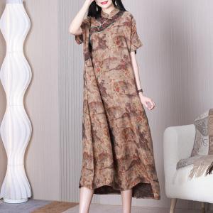 Chinese Painting Loose Modern Qipao Dress Short Sleeves Silk Cheongsam