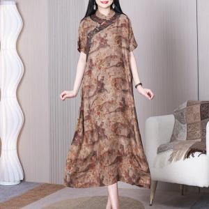 Chinese Painting Loose Modern Qipao Dress Short Sleeves Silk Cheongsam