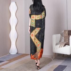 Flowers Printed Black Cocoon Cheongsam Over50 Jacquard Large Qipao