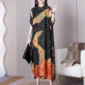 Flowers Printed Black Cocoon Cheongsam Over50 Jacquard Large Qipao