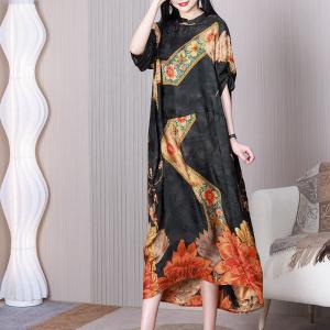 Flowers Printed Black Cocoon Cheongsam Over50 Jacquard Large Qipao