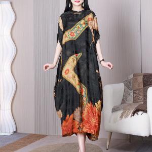 Flowers Printed Black Cocoon Cheongsam Over50 Jacquard Large Qipao