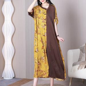 Two Colors Tone Floral Loose Qipao Silky Floral Elegant Dress