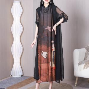 Crane and Women Character Flouncing Dress Mulberry Silk Loose Qipao