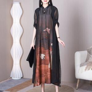 Crane and Women Character Flouncing Dress Mulberry Silk Loose Qipao