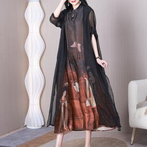 Crane and Women Character Flouncing Dress Mulberry Silk Loose Qipao