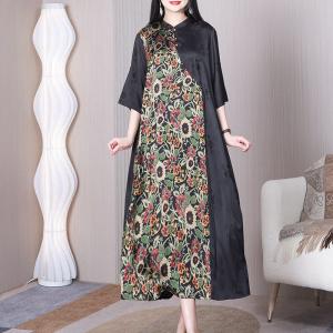 Mandarin Collar Flowers Qipao Dress Jacquard Tied Dress