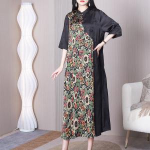 Mandarin Collar Flowers Qipao Dress Jacquard Tied Dress