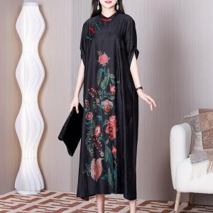 Red Peony Black Cheongsam Jacquard Modest Chinese Dress