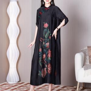 Red Peony Black Cheongsam Jacquard Modest Chinese Dress