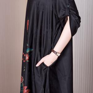 Red Peony Black Cheongsam Jacquard Modest Chinese Dress