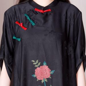 Red Peony Black Cheongsam Jacquard Modest Chinese Dress