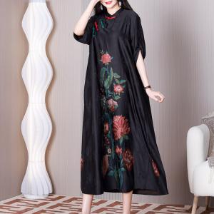 Red Peony Black Cheongsam Jacquard Modest Chinese Dress