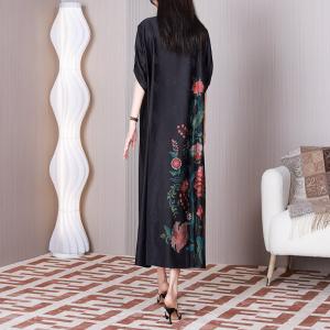 Red Peony Black Cheongsam Jacquard Modest Chinese Dress