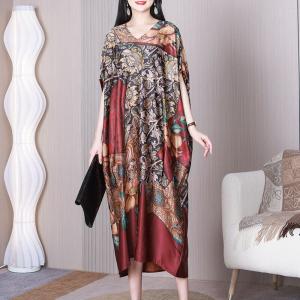 Dense Flowers Red Cocoon Dress Plus Size Modest Caftan