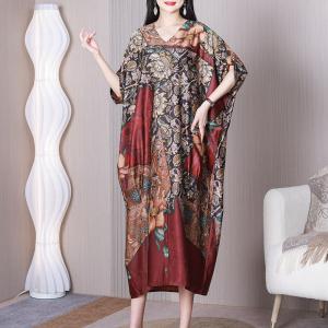 Dense Flowers Red Cocoon Dress Plus Size Modest Caftan