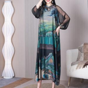 Hollow Out Painted Chinese Cheongsam Sheer Sleeves Modern Dress