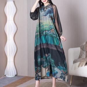 Hollow Out Painted Chinese Cheongsam Sheer Sleeves Modern Dress