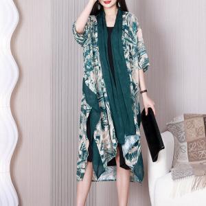 Summer Green Flouncing Cardigan Silk Printed Resort Kimono