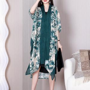 Summer Green Flouncing Cardigan Silk Printed Resort Kimono