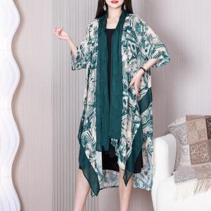 Summer Green Flouncing Cardigan Silk Printed Resort Kimono