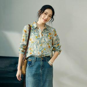 Summer Blue Floral Blouse Long Sleeves Ramie Oversized Shirt