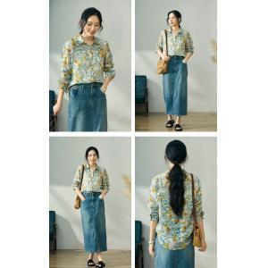 Summer Blue Floral Blouse Long Sleeves Ramie Oversized Shirt
