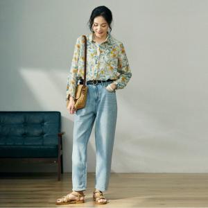 Summer Blue Floral Blouse Long Sleeves Ramie Oversized Shirt