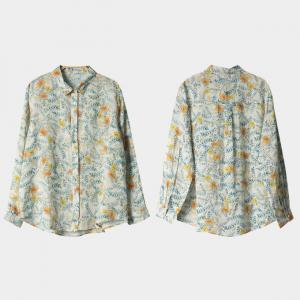 Summer Blue Floral Blouse Long Sleeves Ramie Oversized Shirt