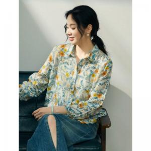 Summer Blue Floral Blouse Long Sleeves Ramie Oversized Shirt