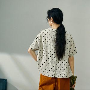 Linen Polka Dot Blouse Short Sleeves Petite Shirt