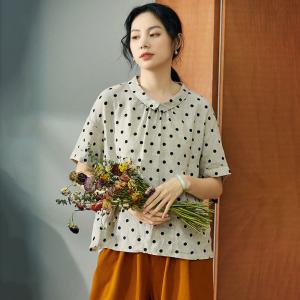 Linen Polka Dot Blouse Short Sleeves Petite Shirt