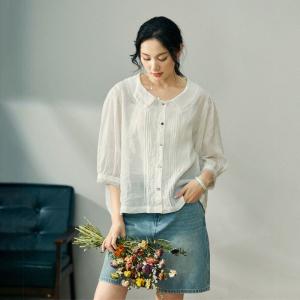 Lace Trim Summer Peasant Blouse Puff Sleeves Doll Blouse