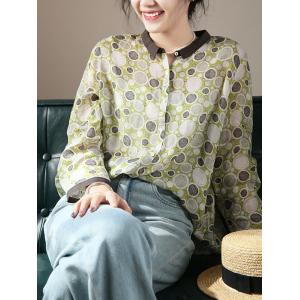 Green Dotted Ladies Shirt Oversized Ramie Summer Blouse