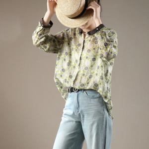 Green Dotted Ladies Shirt Oversized Ramie Summer Blouse