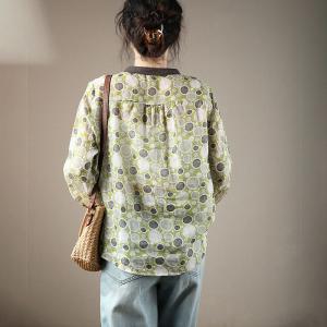 Green Dotted Ladies Shirt Oversized Ramie Summer Blouse