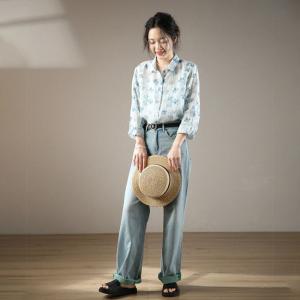 Blue Flowers White Shirt Lapel Neck Oversized Blouse