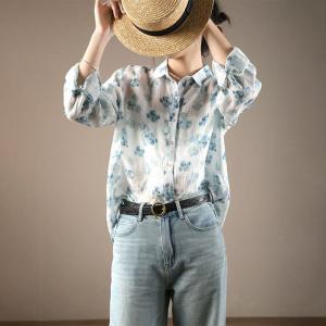 Blue Flowers White Shirt Lapel Neck Oversized Blouse